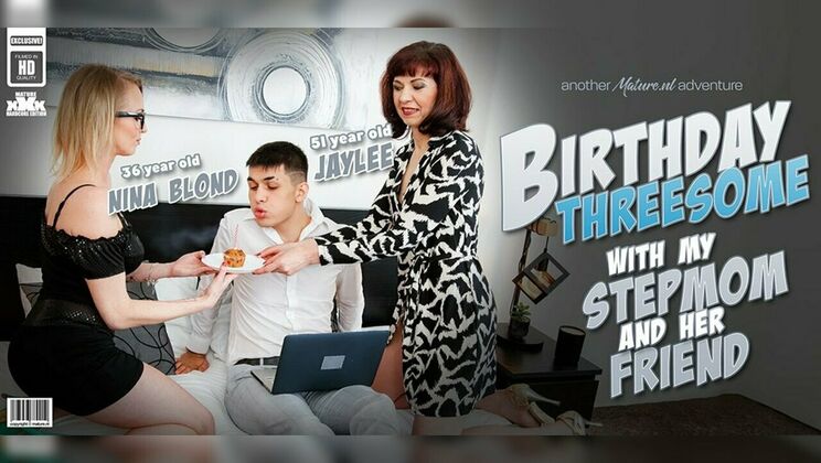 Mature.nl - Jaylee - Laura Blond - Bruno Baxter - Stepmom Jaylee and her best friend Laura Blonde give a stepson a hot birthday threesome in bed! / 06.04.2025